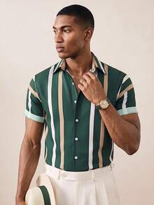 Manfinity Homme Men Striped Print Shirt, Green And Gold Shirt Men, Men Striped Shirt, Vertical Striped Shirt Men - Green - View 1