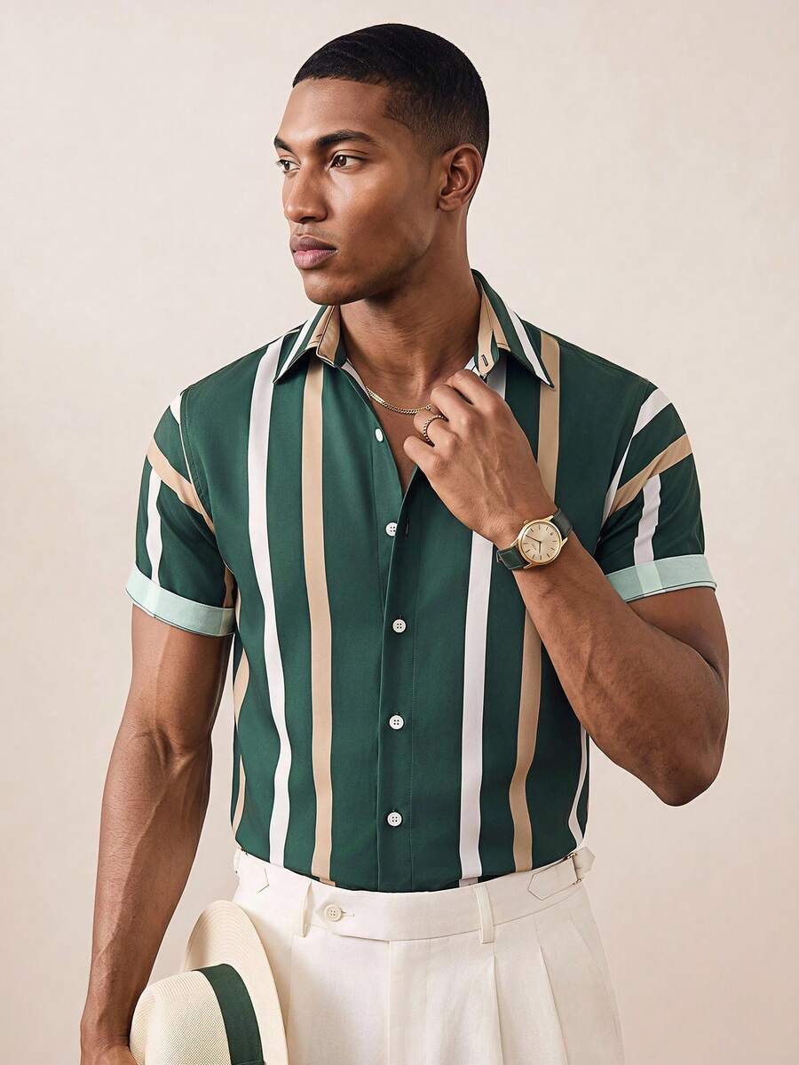 Manfinity Homme Men Striped Print Shirt, Green And Gold Shirt Men, Men Striped Shirt, Vertical Striped Shirt Men - Green - View 1