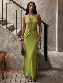 SHEIN BAE Spring/Summer Women's Casual Glamorous Elegant Vacation Halter Neck Beaded Decor Waist Cutout Ruched Back Ring Detail Olive Green Dress Night Out Sexy - Olive Green - View 2