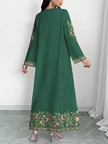 SHEIN Najma 女款花卉植物數位印花時尚V領長袖夏季優雅端莊阿拉伯風大尺碼家庭度假綠色洋裝 - 彩色 - 查看 2