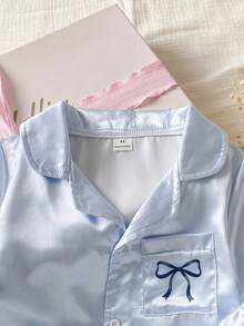 SHEIN Young Girl' Blue Bow Print Lapel Short Sleeve Shorts Set, Flame Retardant Loungewear - Blue - View 3