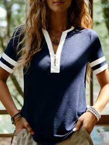 EMERY ROSE Plus Size Navy Blue Contrast Trim Zip Half Placket Notched Neck Striped Cuff Short Sleeve Casual T-Shirt Women Summer Basic Tee Tops Vacation - Multicolor - View 1