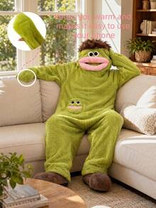 1Pc Cartoon Big Mouth Monster Funny Couples Pajamas, Unisex Winter Thick Coral Fleece One-Piece Loungewear, Cute Comfy Flannel Home Sleepwear For Men Women - Multicolor - View 2