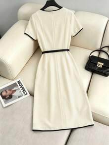 GlowEve CURVE Plus Size Women's Woven Spring/Summer Square Neck French Style Colorblock Cinched Waist Slimming Asymmetric Slit Fashion Versatile Elegant Dress - Apricot - View 2