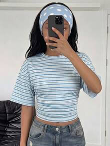 SHEIN 青少年女孩夏季休閒藍色條紋收腰T恤返校上衣 - 藍色 - 查看 8