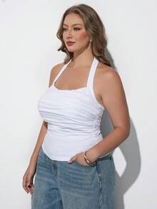 Maija Plus Size White Spaghetti Strap Round Neck Padded Bust Fitted Ruched Tank TopModern Vacation Casual Premium Cruise Wear Summer Autumn Outfit Halloween - White - View 5