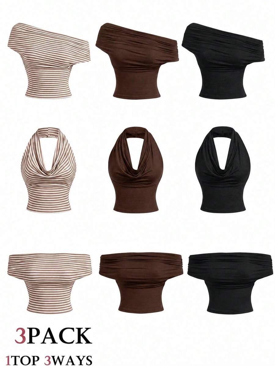 SHEIN MOD 3件組女款掛脖不對稱單肩露肩背心上衣 - 彩色 - 查看 1