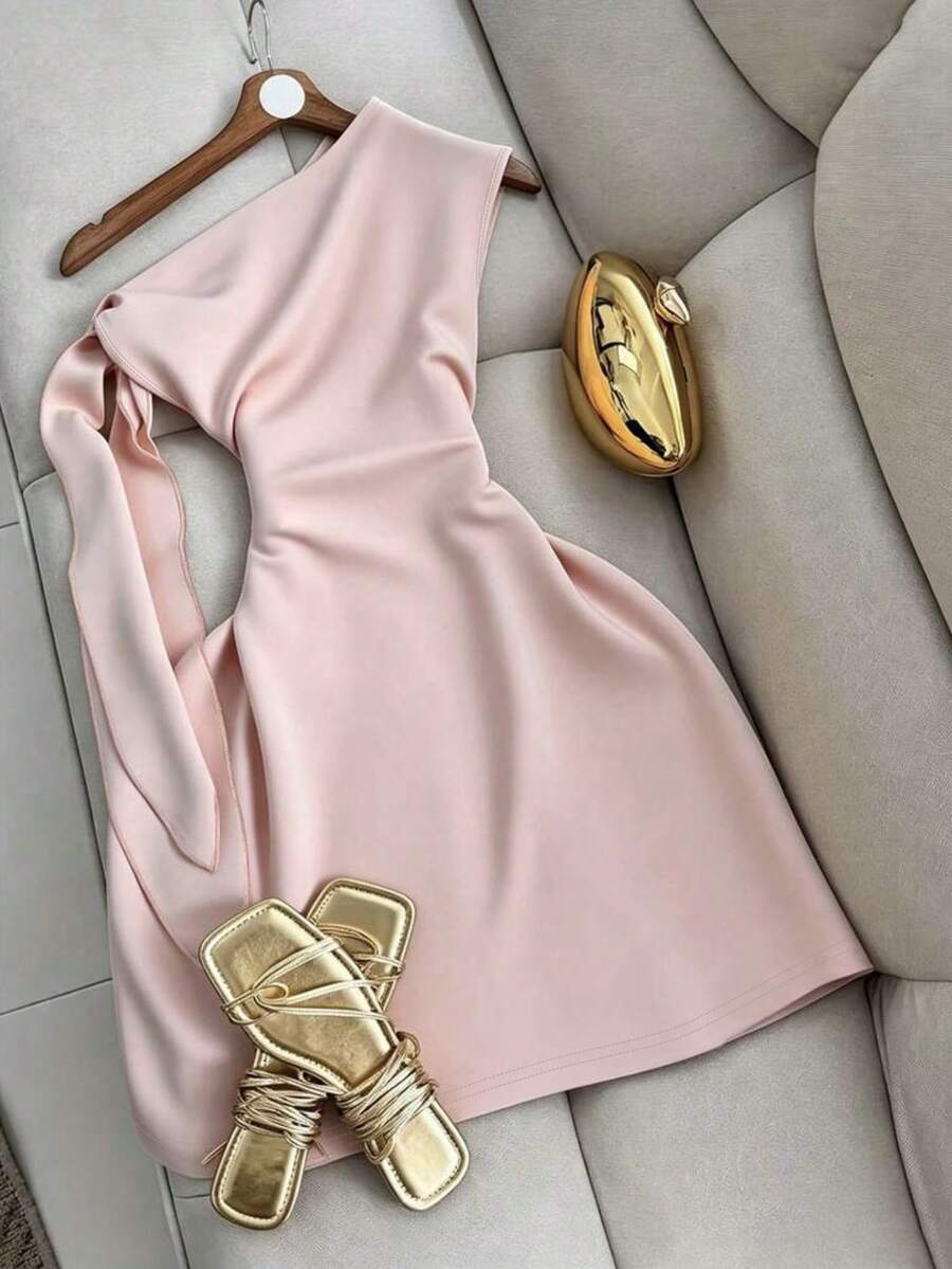 SHEIN Franclia Vestido corto sexy ajustado con cuello asimétrico, lazo y cintura ceñida, elegante vestido minimalista sexy para mujer para verano, viajes, citas y uso en la oficina - Rosa - Ver 1