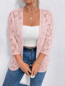 Elenzga Cardigan de encaje transparente de unicolor talla grande - Rosa - Ver 5