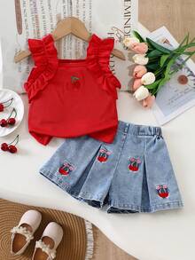 Young Girl Sweet Cherry Embroidery Flutter Sleeve Tank Top & Denim Shorts 2 Pieces Set Back To School Clothes Girls Fall Clothes Holiday Outfits - Red - View 3