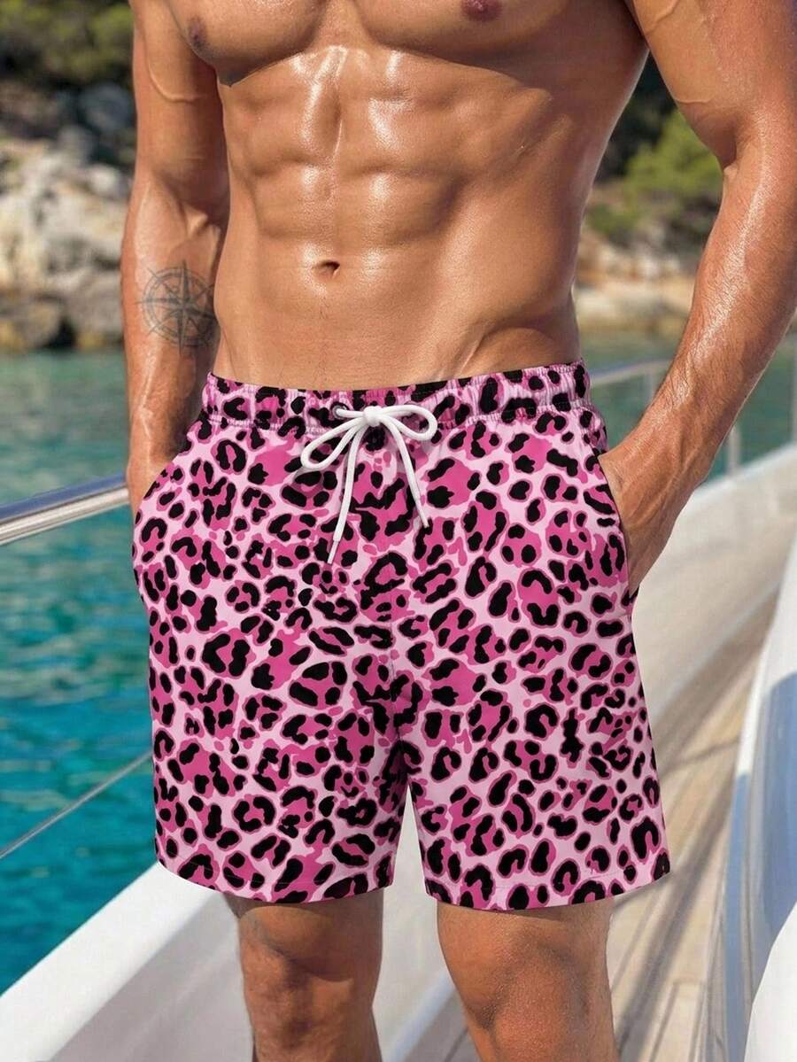 Manfinity Swimmode 男款抽繩腰豹紋休閒度假沙灘短褲 - 紅色 - 查看 1