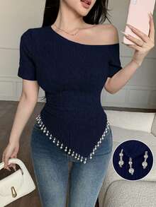 Modelyn Summer Navy Blue Jacquard Asymmetric Shoulder Neckline Design Faux Pearl Tassel Minimalist Sexy Elegant Date Going Out Party Night Out Outing T-Shirt - Royal Blue - View 1