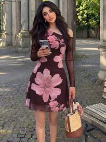Modelyn 網格印花不對稱單肩百褶優雅性感夏季女款洋裝 - 酒紅色 - 查看 3
