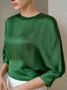 MOTF PREMIUM WOMEN'S SOLID FOLD PLEATED SLEEVE ROUND NECK BLOUSE - Dark Green - View 4