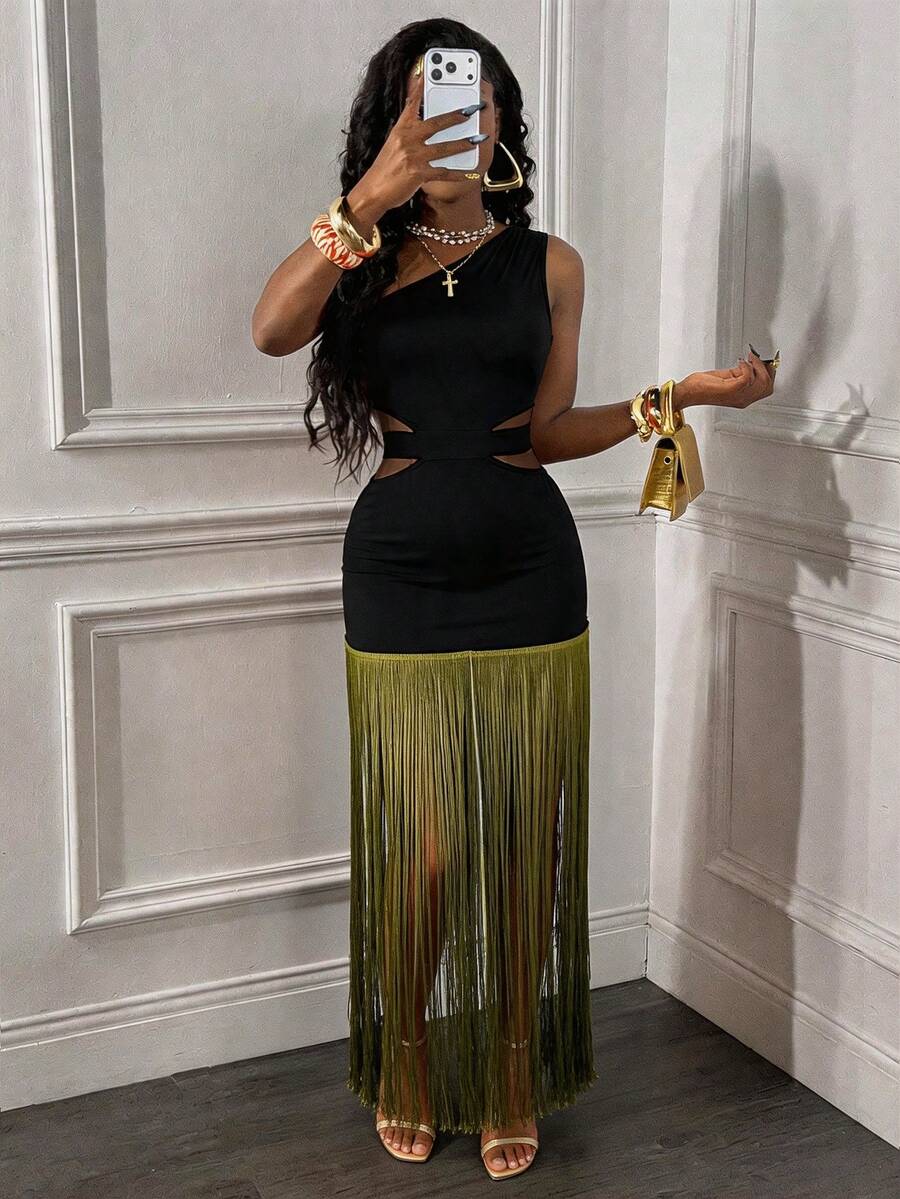 Glyssa Asymmetrical Shoulder Waistline Cutout Tassel Hem Dress, Ibiza Style, Sexy Beach Romantic Elegant Occasion Birthday Bohemian Dress - Black - View 1