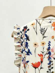 SHEIN Franclia Women's Floral Print Button Ruffle V-Neck Blouse - Apricot - View 5