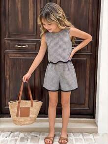 SHEIN Vintaside Kids 女童夏季黑白小格紋兩件套，流蘇蕾絲飾邊背心上衣 + 寬鬆短褲休閒套裝 - 彩色 - 查看 1