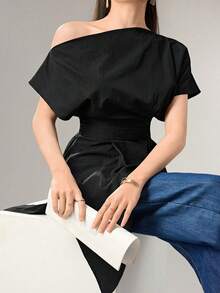 Modelyn Plus Size Solid Color Asymmetrical Hem Asymmetric Neck Waist-Cinching Blouse Wedding Guest Black Summer Elegant - Black - View 5