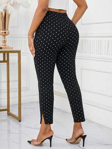SHEIN Lady 女款時尚通勤波點印花緊身褲 - 黑色 - 查看 2