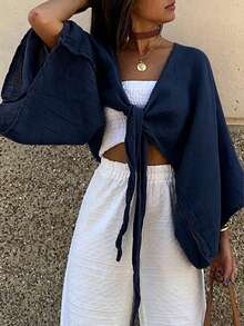 INAWLY Women's Textured Solid Color Front Knot Ruched Cropped Shirt For Vacation - Navy Blue - View 3