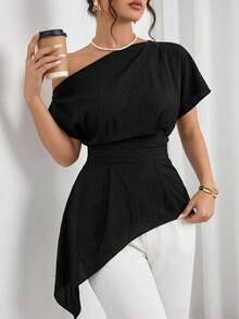 Modelyn Plus Size Solid Color Asymmetrical Hem Asymmetric Neck Waist-Cinching Blouse Wedding Guest Black Summer Elegant - Black - View 1