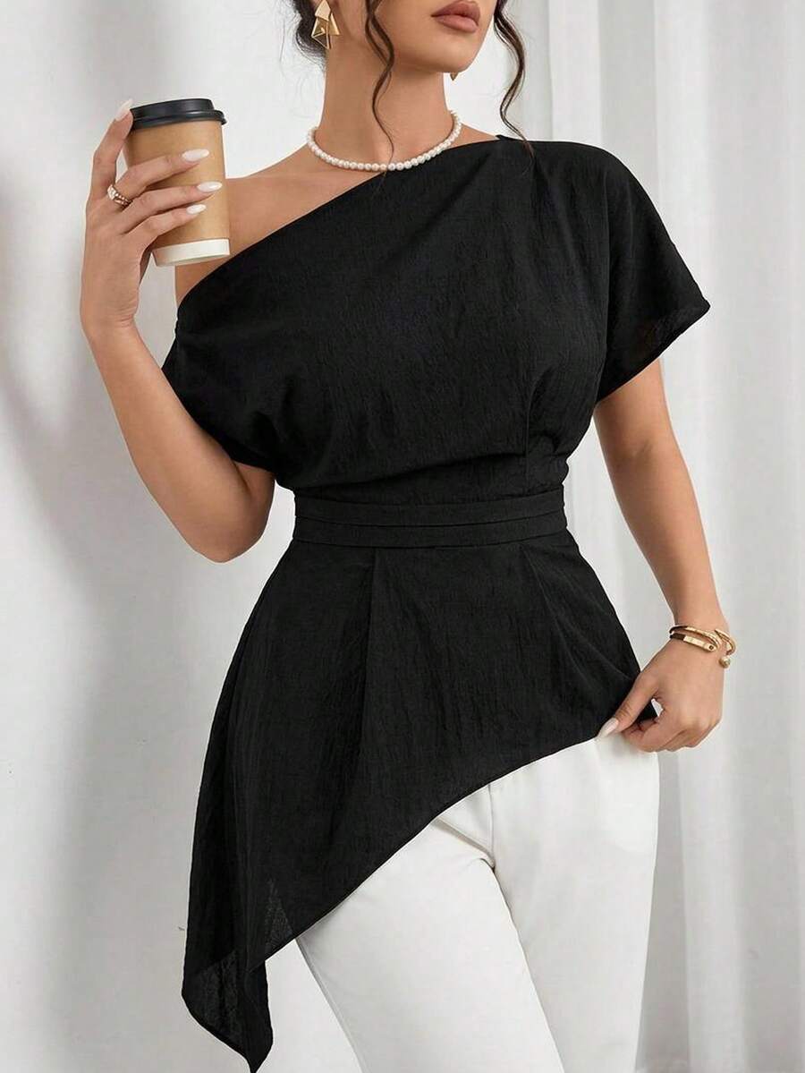 Modelyn Plus Size Solid Color Asymmetrical Hem Asymmetric Neck Waist-Cinching Blouse Wedding Guest Black Summer Elegant - Black - View 1