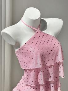 Elamini 女款春夏度假風荷葉邊拼接四層波點布料優雅修身貼身沙灘裝綁帶背心 - 粉色 - 查看 5