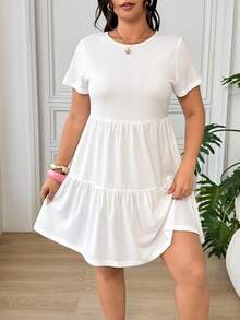 SHEIN EZwear 大尺碼夏季休閒純色短袖洋裝 - 白色 - 查看 6