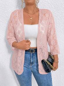 Elenzga Cardigan de encaje transparente de unicolor talla grande - Rosa - Ver 1