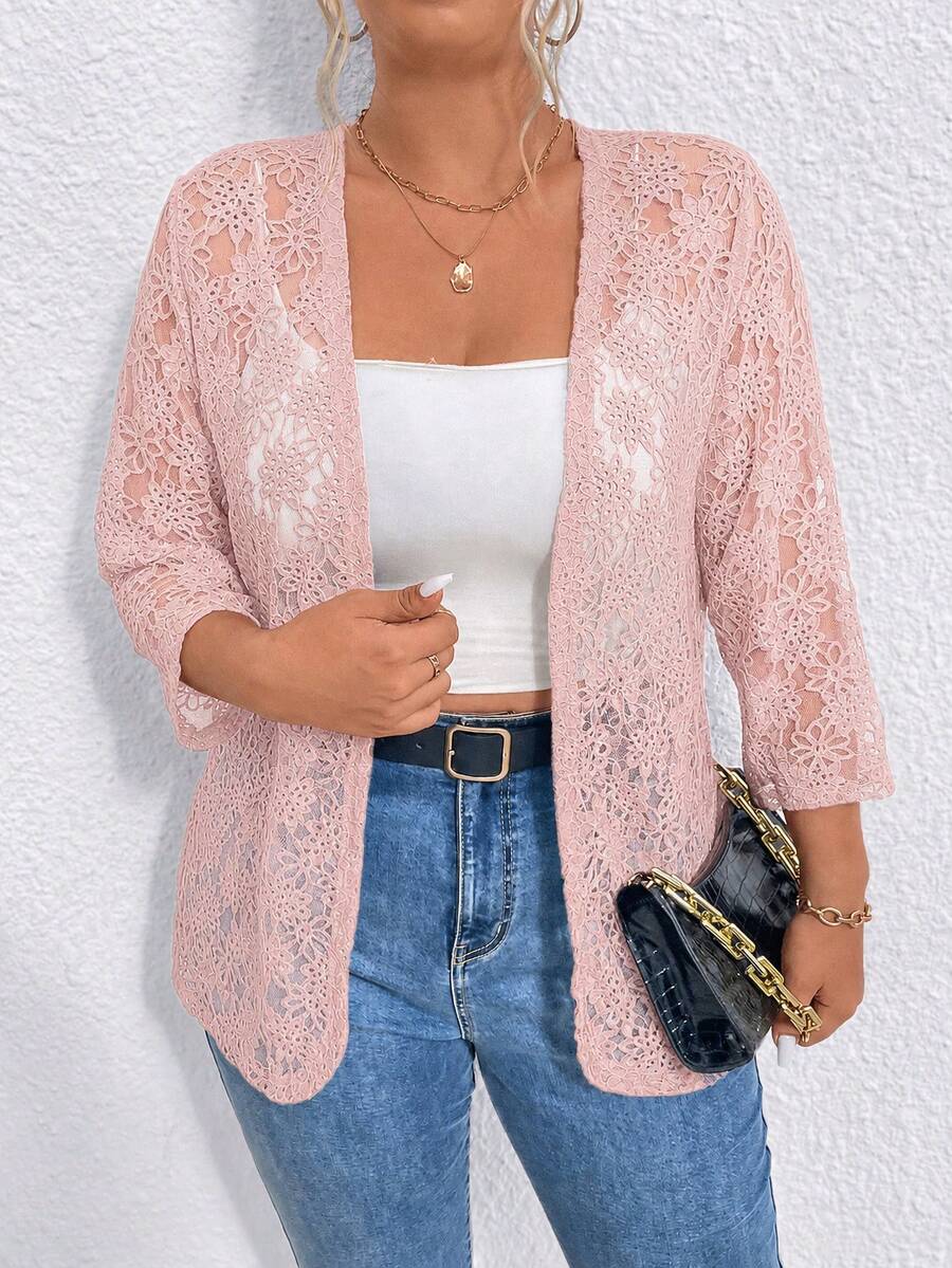 Elenzga Cardigan de encaje transparente de unicolor talla grande - Rosa - Ver 1