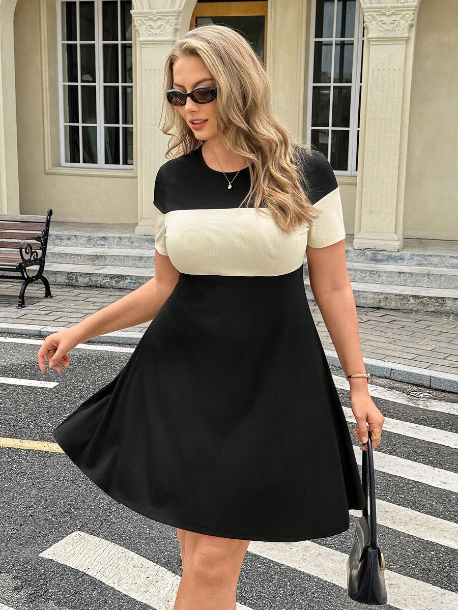 Easura Plus Size Summer Casual Colorblock Patchwork Dress Holiday Black