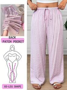 SHEIN EZwear Celana Panjang Wanita Ukuran Besar Motif Garis-Garis Patchwork Kasual Serbaguna untuk Aktivitas Sehari-hari - Berwarna merah muda - View 2