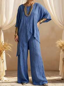 Weeklong Navy Blue Crewneck 3/4 Sleeve Loose Two Pieces Set, Asymmetric Overlap Hem, Plus Size, Cotton-Linen, Casual Resort, Summer Pastoral Style - Blue - View 1