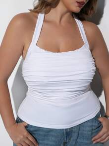 Maija Plus Size White Spaghetti Strap Round Neck Padded Bust Fitted Ruched Tank TopModern Vacation Casual Premium Cruise Wear Summer Autumn Outfit Halloween - White - View 8