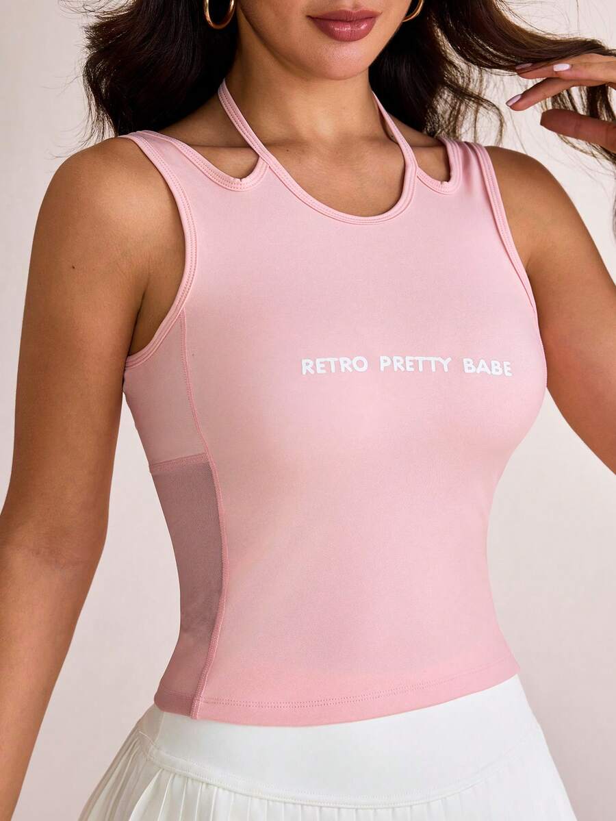 Dewbera Dewbera Sports Pink T-Shirt Tank Top Running Yoga Halter Neck Design Gym Summer Athleisure Athletic Graphic Y2k - Pink - View 1