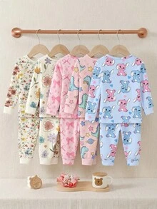 【隨機發送1套】女童保暖內裡長袖家居睡衣2件套，甜美柔軟可愛卡通女孩風，淺藍可愛圖案，粉色蝴蝶結，花朵恐龍印花，親膚加厚保暖面料，圓領，收口下擺，修身版型，滿版可愛卡通花卉圖案，女童家居睡衣，日常內著，底層衣，2合1套裝 - 彩色 - 查看 2