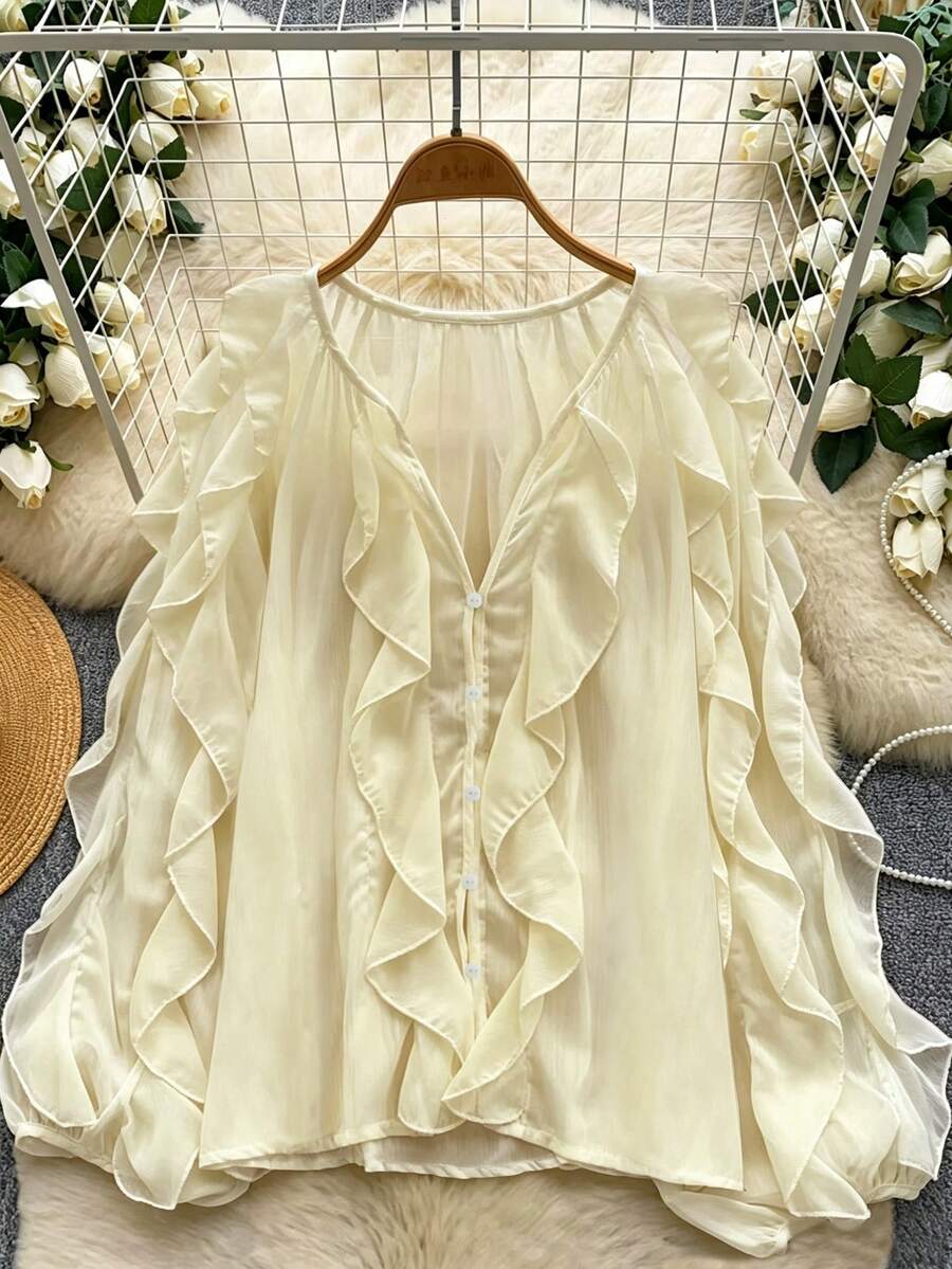 Easura Women's Plus Size Spring/Summer Elegant Commute Versatile Apricot Solid Color, Ruffle Design Loose Fit Women's Plus Size Top, Suitable For Spring/Summer Wear - Apricot - View 1