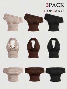 SHEIN MOD 3件組女款掛脖不對稱單肩露肩背心上衣 - 彩色 - 查看 12