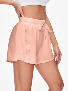 SHEIN Sovereign Charm 女款純色腰部綁帶休閒寬鬆運動短褲 - 赤褐色 - 查看 3