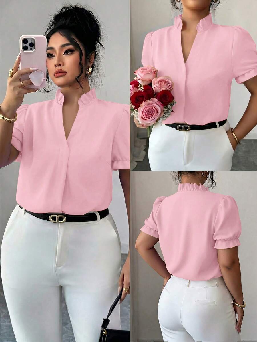 Elenzga Plus Size Premium Elegant Commuter Solid Color Turn Collar Blouse - Pink - View 1