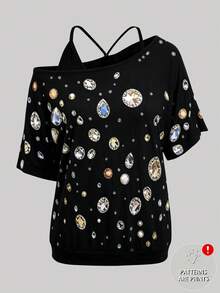 SHEIN LUNE 大尺碼羽毛印花吊帶短袖T恤女款圖案上衣 - 彩色 - 查看 5