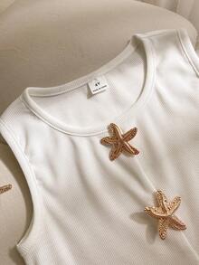 SHEIN Elladie kids 少女金屬海星裝飾圓領背心 - 白色 - 查看 5