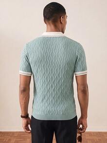 Manfinity Homme Men's Contrast Trim Button Front Knit Polo Shirt,Short Sleeve Knitted Sweater Shirt,Mint Green Dusty Blue Summer Casual Vacation Holiday Outfit - Multicolor - View 2