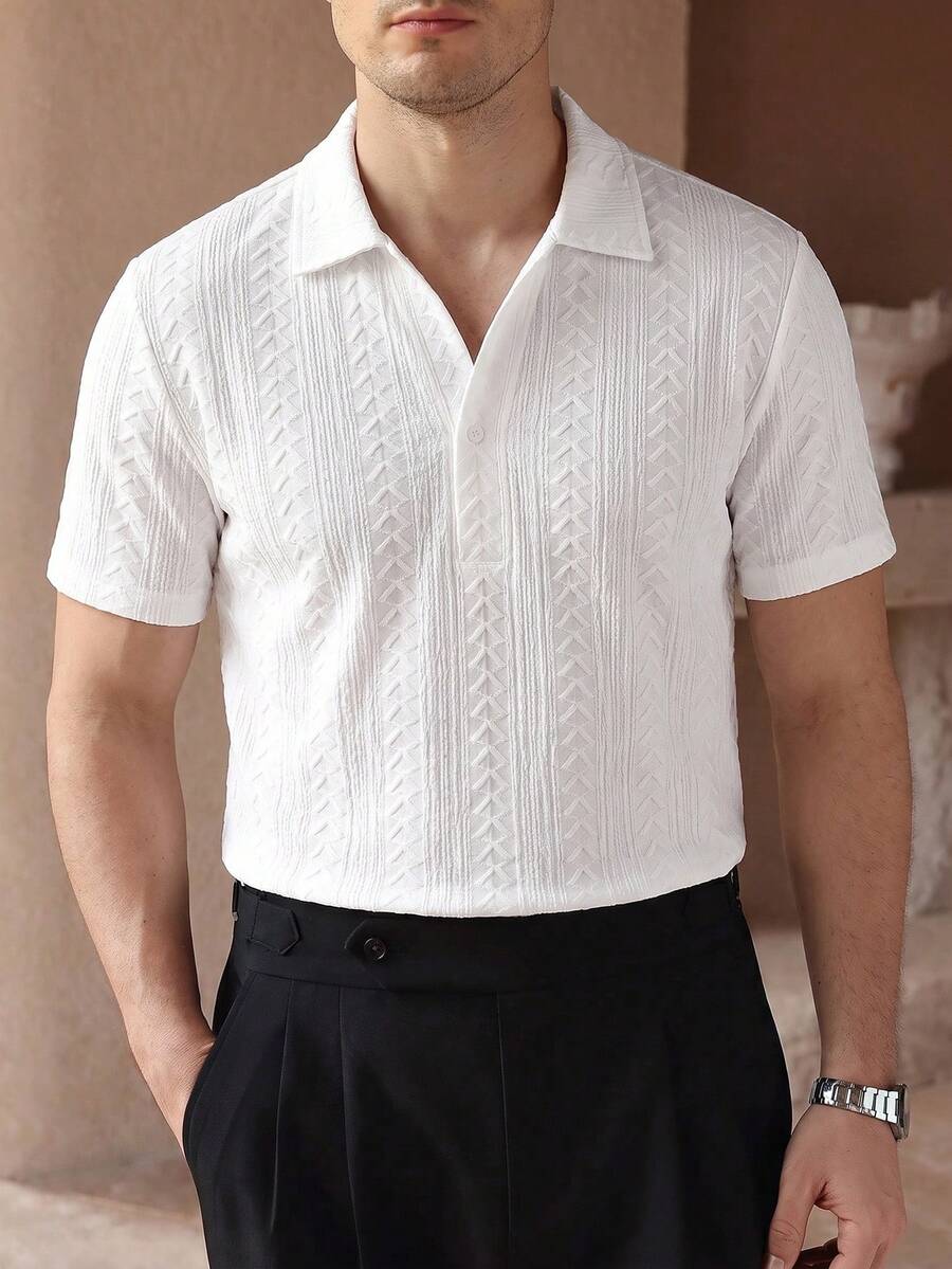 Core Aspect 男士提花短袖 Polo 衫,白色上衣,休閒通勤、儀式場合 - 白色 - 查看 1