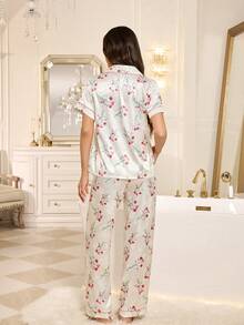LuxeNights Jacquard Jacquard Satin Front Button Patch Pocket Short Sleeve Long Pants Women's Pajama Set Loungewear Set - Multicolor - View 2