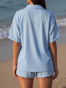 Swim Chiccia Women's Blue Short Sleeve Shirt, Casual Beach Cover-Up 2 Pieces Set - Blue - View 2