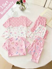 SHEIN 【隨機發貨1套】女童睡衣家居服套裝，四季熱銷款，蝴蝶結波點小碎花荷葉邊圓領套頭T恤搭配粉色印花長褲 - 白色 - 查看 2