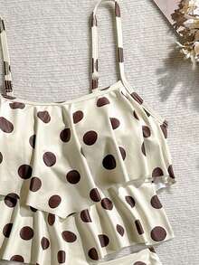 Elavelle Retro Polka Dot Ruffle One-Piece Swimsuit, Cream & Coffee Color, Tummy Control, Conservative Bathing - Multicolor - View 4