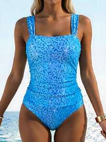 Swim Lushoire 女款波點條紋泳衣套裝，粗肩帶，抓皺修身剪裁，2件式夏季度假海灘穿著 - 藍色 - 查看 3