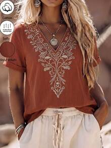 SHEIN LUNE CURVE Plus Size Floral Embroidered Casual Boho Vacation Shirt Vacation Red Summer - Orange - View 1